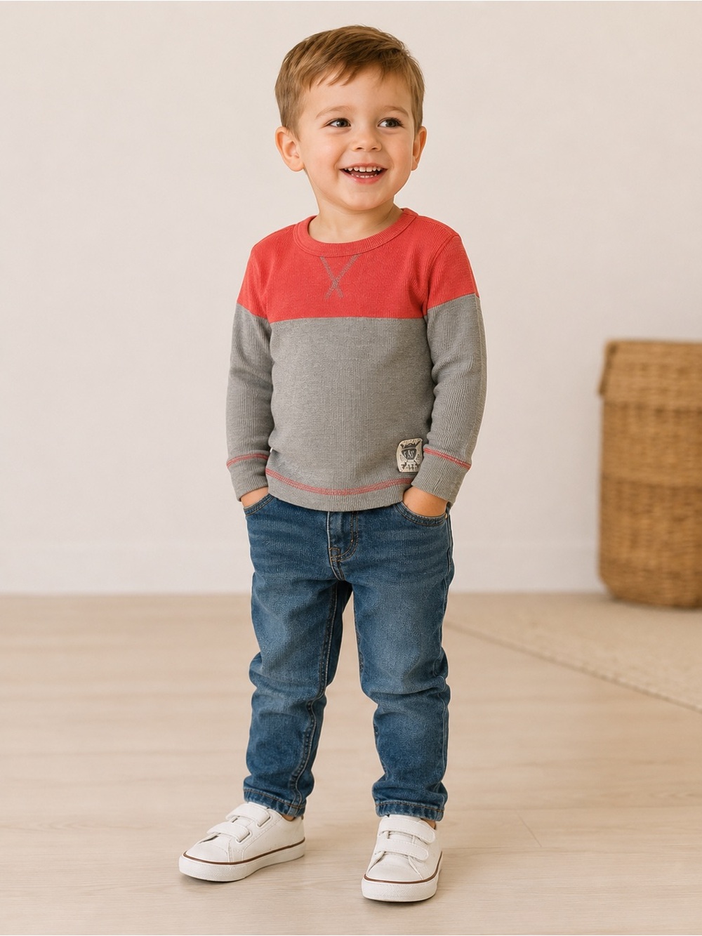 3/$25 GAP Kids Colorblock Thermal Waffle Knit Shirt Red/Orange Gray 3 Years